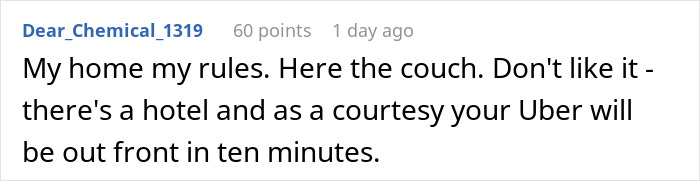 Comment about GF&rsquo;s parents visit, insisting on suite bedroom and using BF&rsquo;s car causing problems.