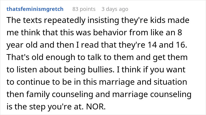 Screenshot of a social media comment discussing stepdaughters&rsquo; gift pushing a woman to her limits and related family issues.