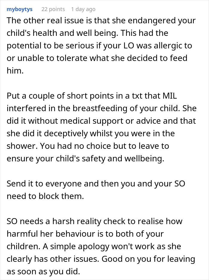Reddit screenshot about MIL feeding interference, mom storms off with baby while commenters urge blocking MIL