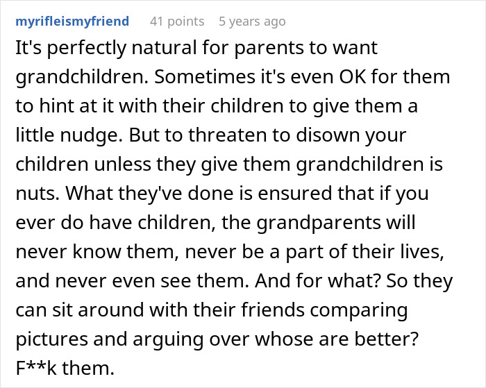 Text post discussing parents who guilt-trip their children into having kids and threaten disinheritance over it.