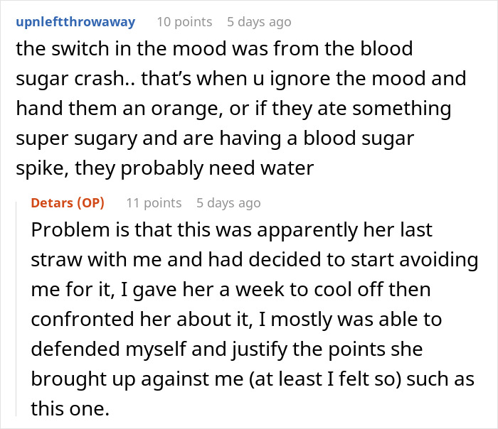 Text conversation discussing mood swings due to blood sugar issues during a walking trip with a diabetic woman.