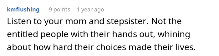 Comment text about teen receiving stepsister&rsquo;s support against stepmom&rsquo;s selfish and cruel accusations on spending money.