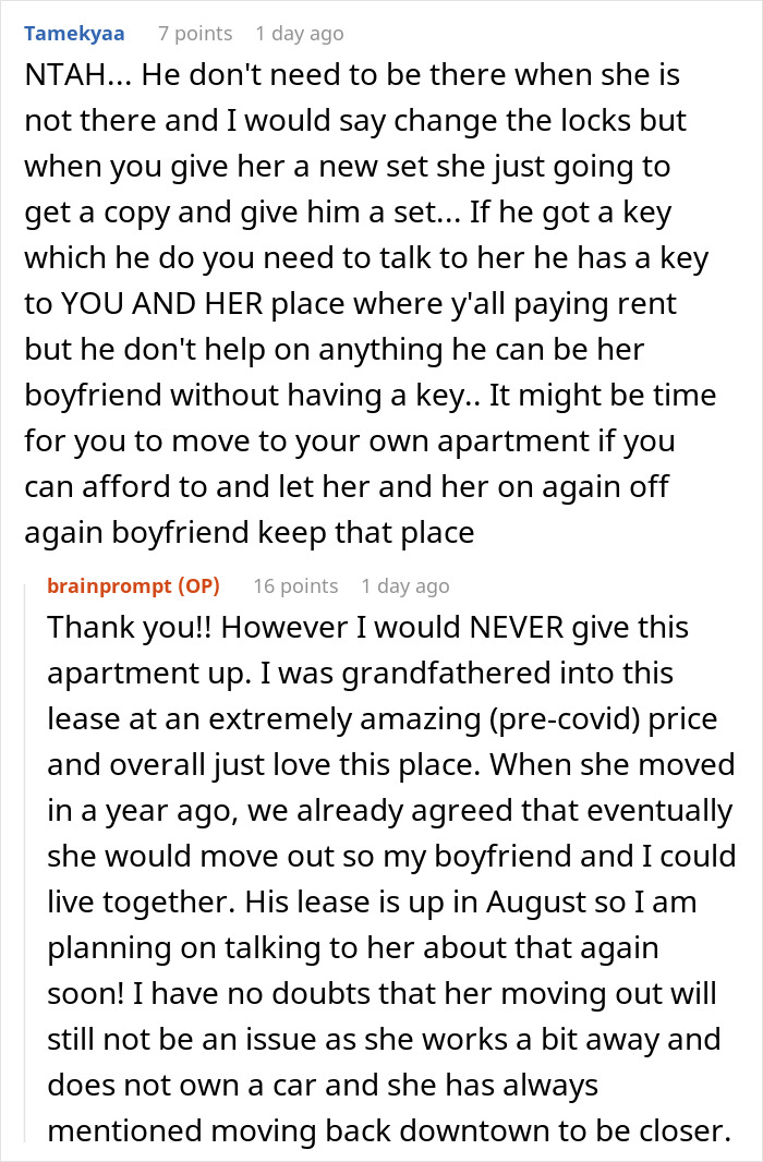 Forum discussion about roommate boyfriend vacation drama involving apartment lease and keys conflict.