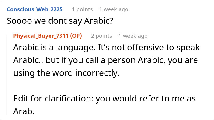 Screenshot of a social media discussion about ethnicity terms and why calling a person Arabic is incorrect. Screenshot of a social media discussion about ethnicity terms and why calling a person Arabic is incorrect.