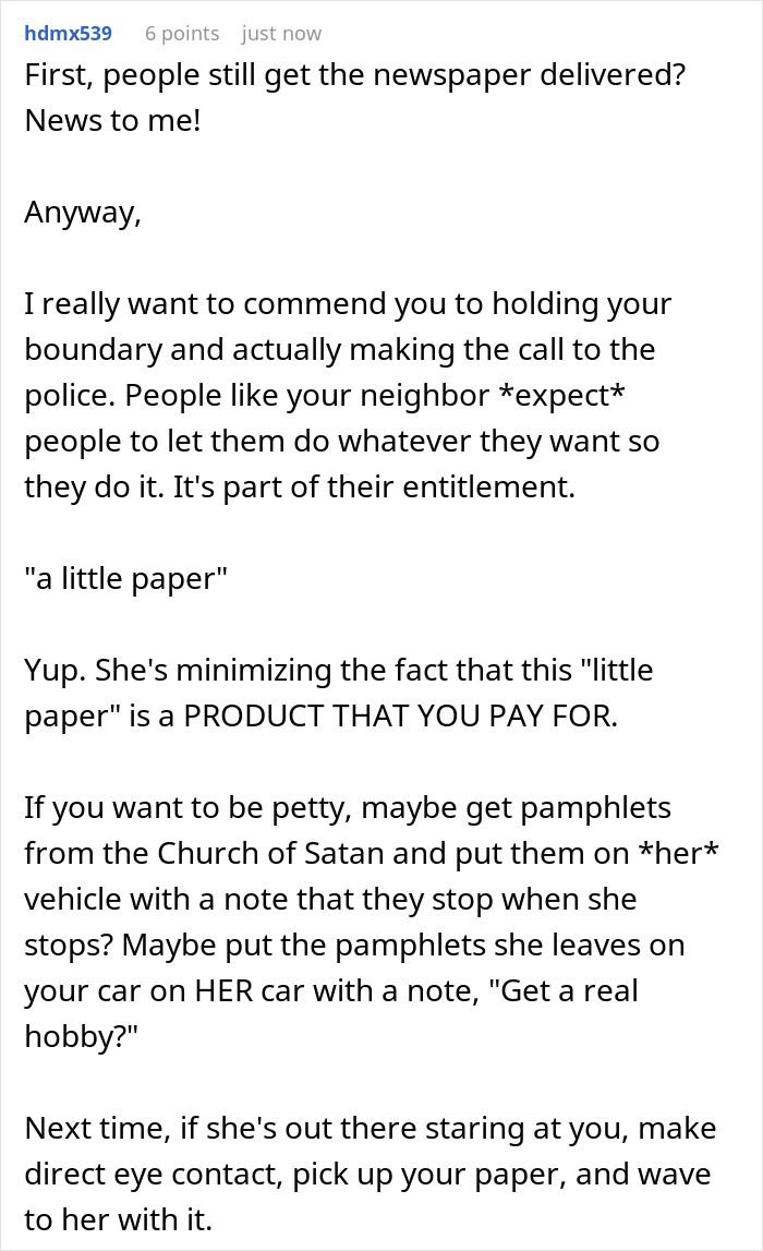 Commenter discussing a neighbor's religious pamphlet, boundaries, and calling the police regarding unwanted pamphlets.