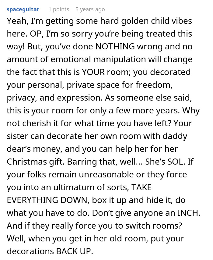 Comment discussing a teen accused of crushing half-sister&rsquo;s Christmas dreams by refusing her wishes for her room.