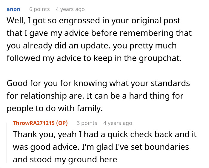 Reddit conversation about family deciding to forgive man for beating his brother five years ago, discussing boundaries.