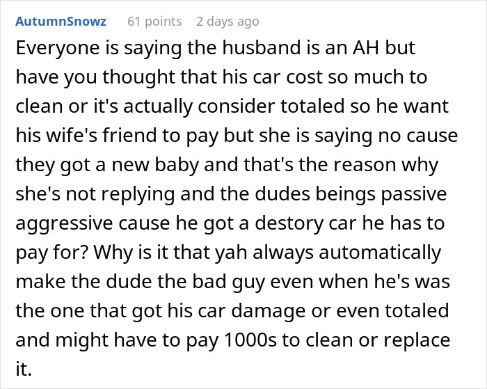 Comment discussing a man&rsquo;s car damage and financial conflict after a woman gives birth in friends&rsquo; car, causing tension.
