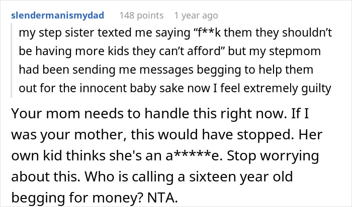 Teen and stepsister support each other after stepmom calls teen selfish and cruel for spending money on herself.