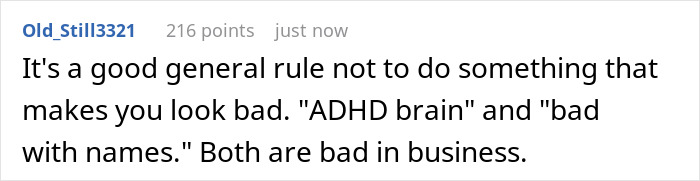 Commenter discussing the negative impact of having ADHD brain and bad memory with names in office communication.