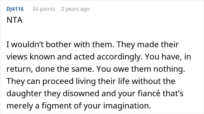 Screenshot of a forum comment discussing parents who disown their adult worker daughter and insult her fiancé. Screenshot of a forum comment discussing parents who disown their adult worker daughter and insult her fiancé.