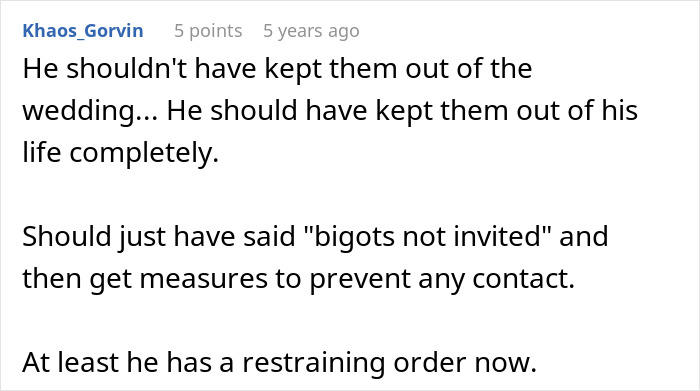 Comment discussing a family shocked they were not invited to their gay son's extravagant wedding and disownment issues.