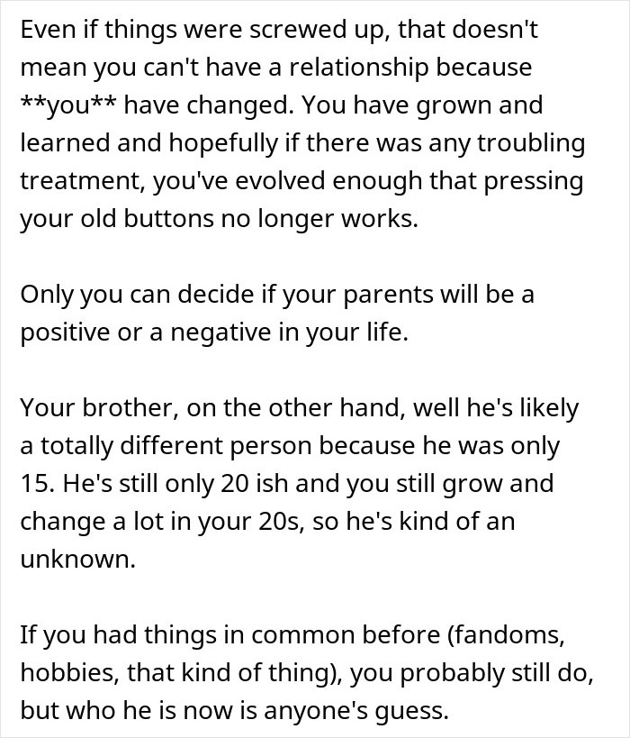 Text excerpt discussing family forgiveness and evolving relationships after past conflict between brothers.