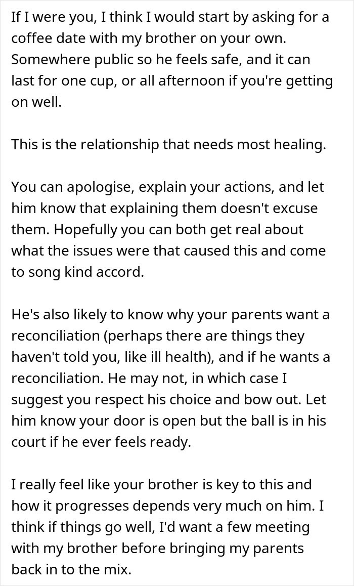 Text advice on family healing and reconciliation after a brother beating incident, focusing on forgiveness and tone.