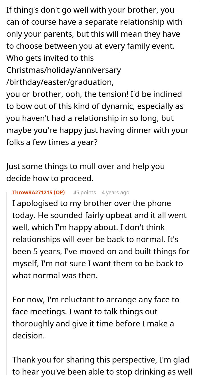 Text conversation about family deciding to forgive man for beating his brother five years ago, discussing relationship tension.