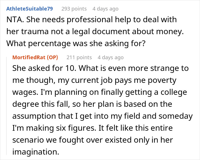 Reddit user discussion about woman forcing boyfriend to sign contract for a share of his income for life.