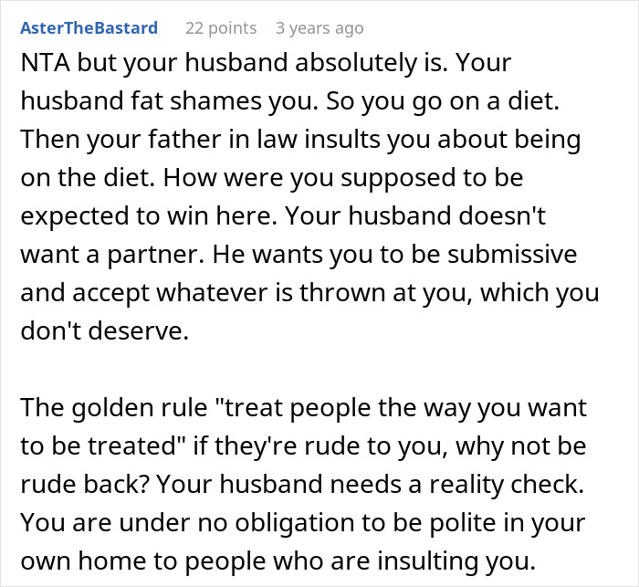 Comment discussing husband fat shaming daughter-in-law while defending her father-in-law's insults publicly.