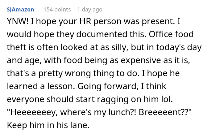Comment discussing a man stealing colleague&rsquo;s extra-spicy lunch and facing regret due to the fiery mouth consequences.