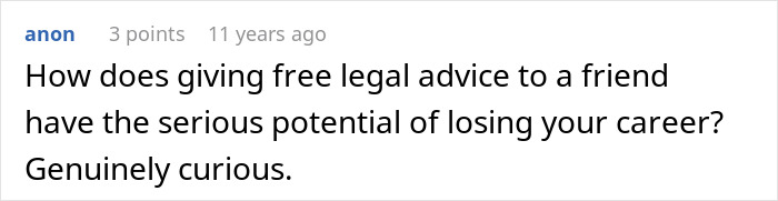 Screenshot of a forum comment questioning how giving free advice can risk a woman's new career and reveal true colors.