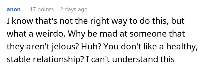 Comment expressing confusion about jealousy and trust in a relationship, related to a woman venting about her husband.