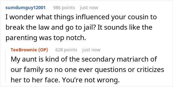 Commenter discusses family parole mentioning aunt's influence and role in family dynamics related to cousin's behavior. Commenter discusses family parole mentioning aunt's influence and role in family dynamics related to cousin's behavior.