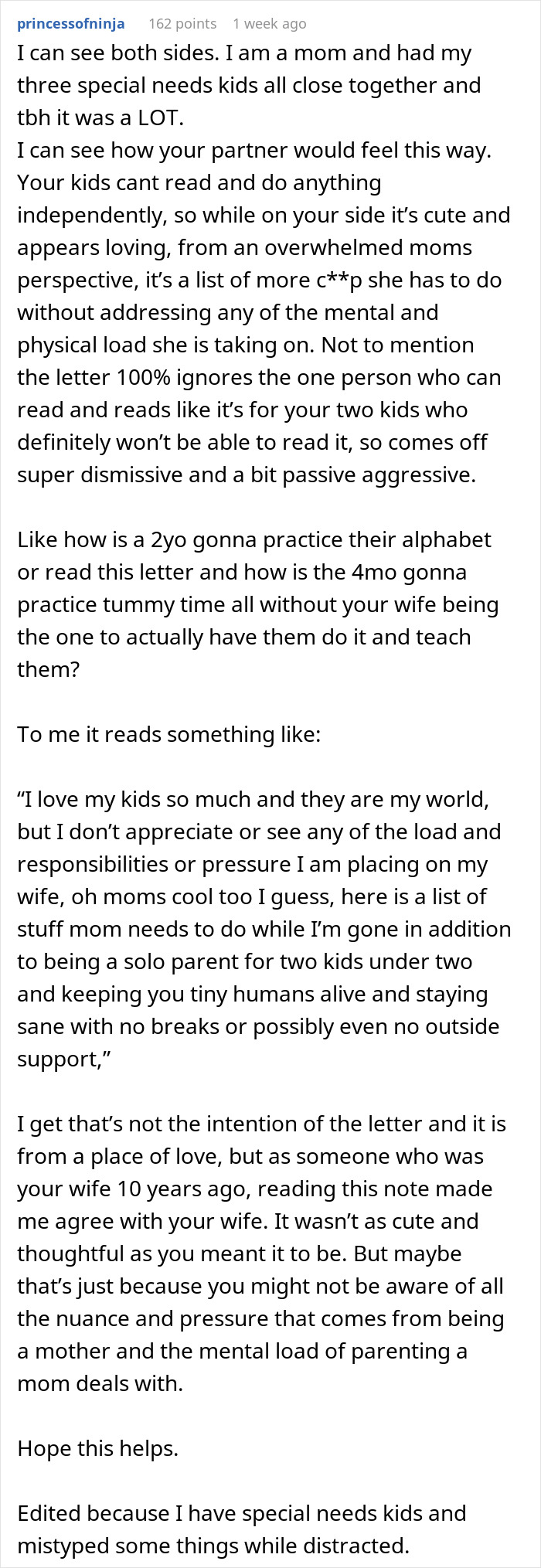 Commenter explains why husband's note to wife causes division and the mental load of parenting moms face.