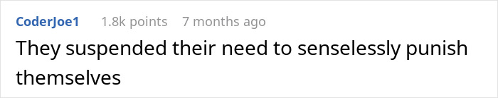 Text post with username CoderJoe1 saying they suspended their need to senselessly punish themselves, related to boss suspending waiter SEO keywords.