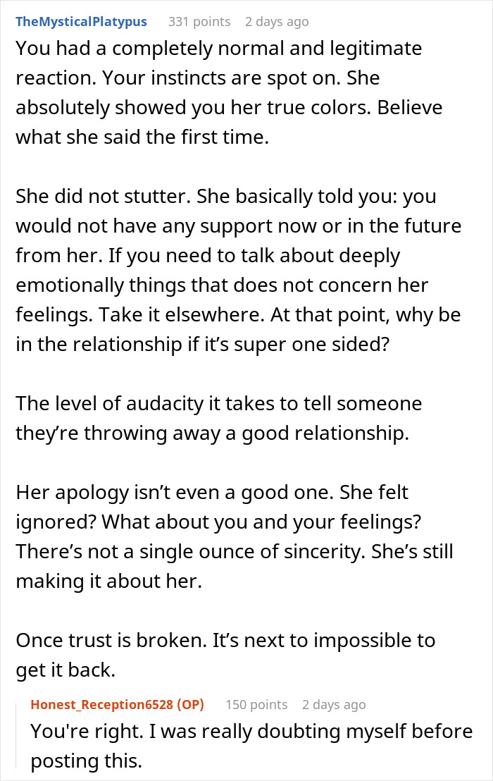 Comment discussing lack of support and emotional drama in a relationship involving grieving boyfriend and demanding lady.