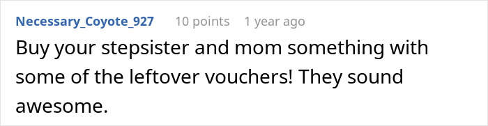 Text comment on a white background where a user suggests buying stepsister and mom gifts with leftover vouchers, showing stepsister support.