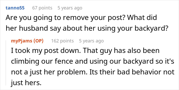 Screenshot of a Reddit conversation discussing neighbors secretly using a family&rsquo;s backyard without permission.