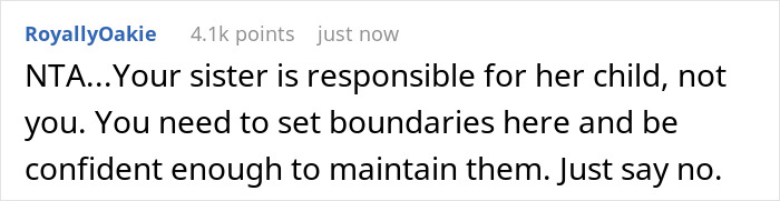 Screenshot of a Reddit comment explaining setting boundaries when a child-loathing lady is forced to be a free nanny.