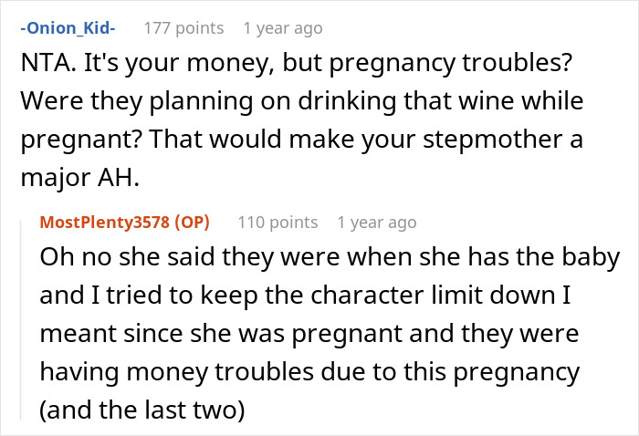 Reddit comments showing stepsister's support for teen called selfish and cruel by stepmom over spending money.