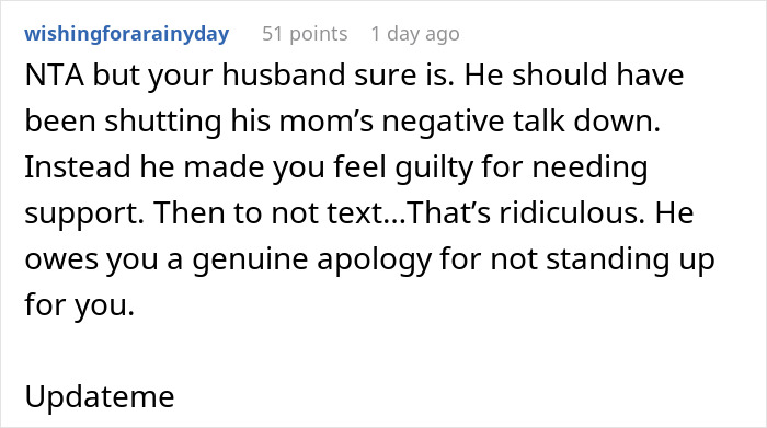 Screenshot of a Reddit comment criticizing a husband for not supporting new mom against negative in-laws.