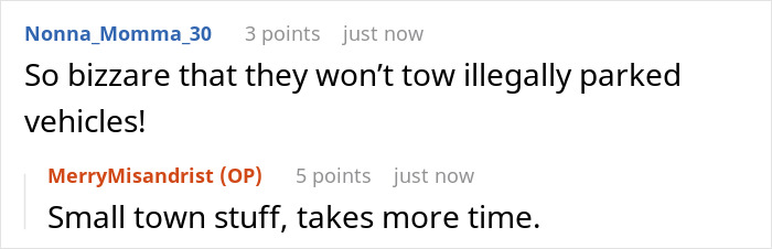 Screenshot of an online discussion about snowing on neighbours’ illegally parked car and towing policies in small towns. Screenshot of an online discussion about snowing on neighbours’ illegally parked car and towing policies in small towns.