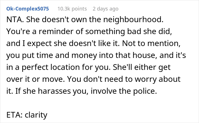 Screenshot of an online comment discussing a man who accidentally moves in next door to a former friend and faces harassment.