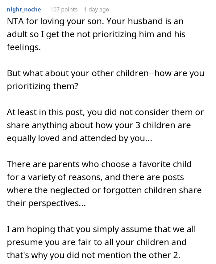 Comment from user night_noche discussing prioritizing wife's disabled son and concerns about family dynamics.