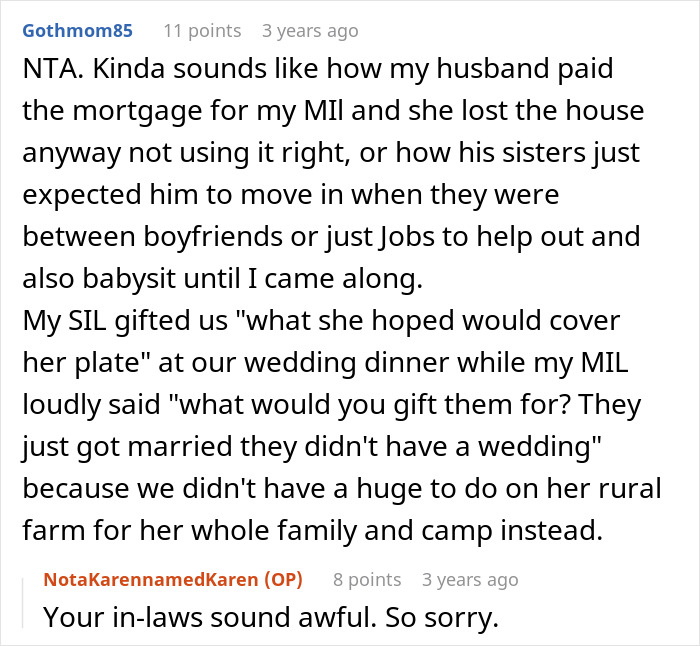 Comment discussing a greedy MIL demanding wedding gifts and family tensions around financial expectations.