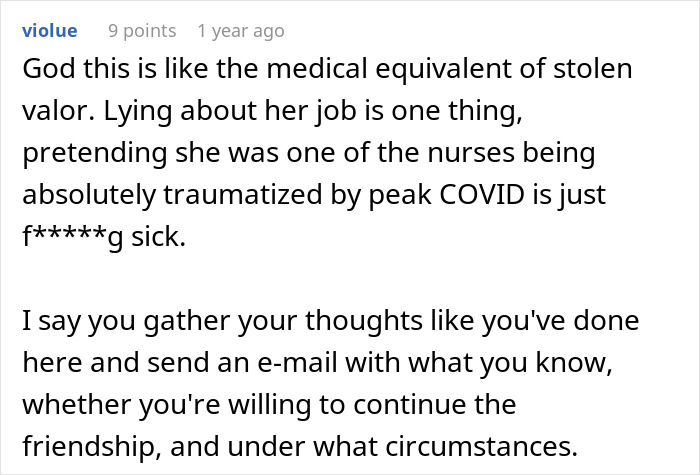 Reddit comment criticizing woman who lies about her career, discussing impact of fabricated nursing stories during COVID peak.