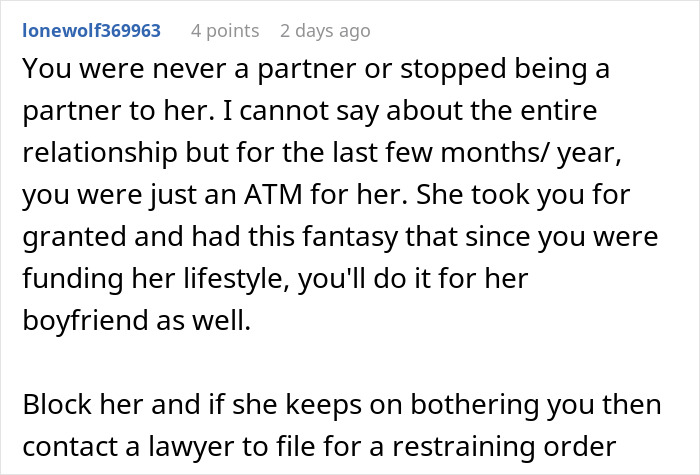Comment discussing an unemployed woman cheating on her boyfriend with a jobless man and exploiting her ex for financial support.
