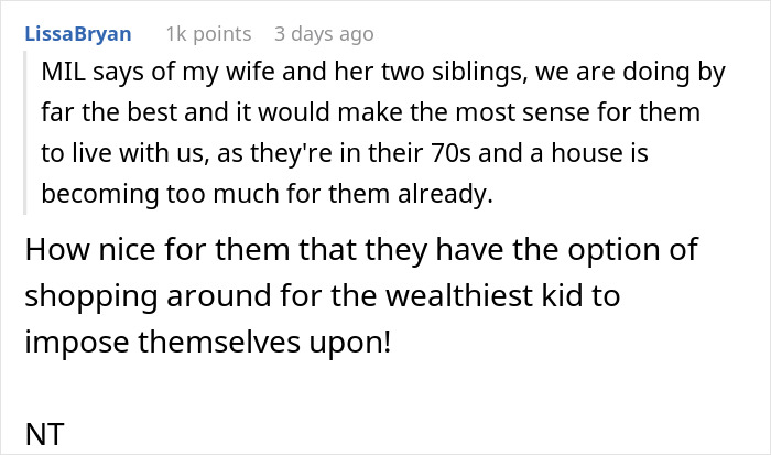 Comment discussing in-laws refusing childcare help and now wanting to move in, causing family tension and resentment.