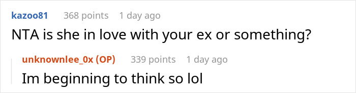 Screenshot of Reddit comments discussion about a woman skipping her birthday party her sister organized due to an ex being invited.