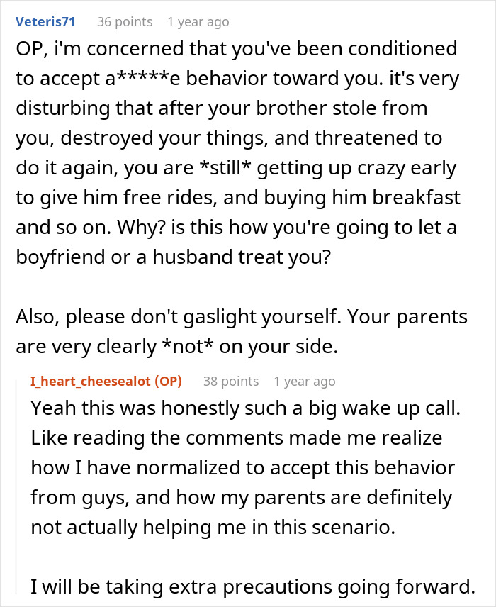 Screenshot of an online discussion about a sister refusing to drive her ungrateful brother who trashed her car.