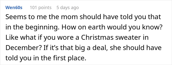 Comment discussing a babysitter giving a birthday gift that made the mother furious, emphasizing communication issues between them.