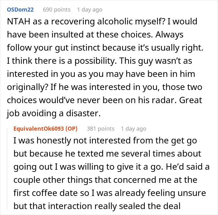 Reddit user shares experience as recovering alcoholic avoiding second date planned entirely around bars.