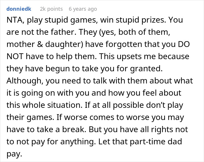 Reddit comment discussing a teen telling a guy he's not her dad and his refusal to give her money. Reddit comment discussing a teen telling a guy he's not her dad and his refusal to give her money.