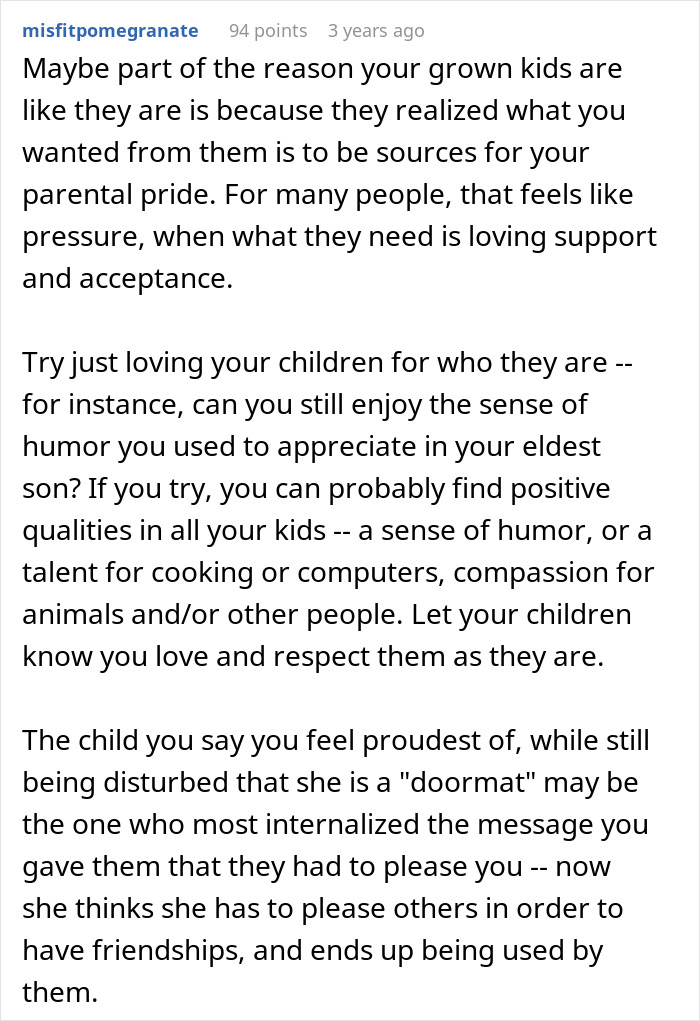 Comment discussing parenting struggles and the impact of a dad viewing all five children as failures. Comment discussing parenting struggles and the impact of a dad viewing all five children as failures.