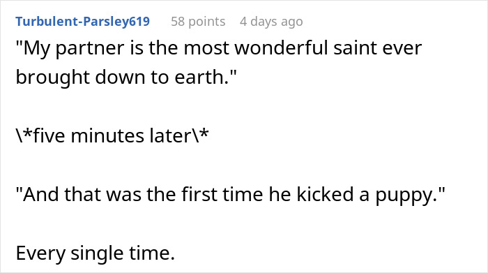 Screenshot of a forum comment about a partner demanding a fiancée stop taking medicine after hitting rock bottom. Screenshot of a forum comment about a partner demanding a fiancée stop taking medicine after hitting rock bottom.