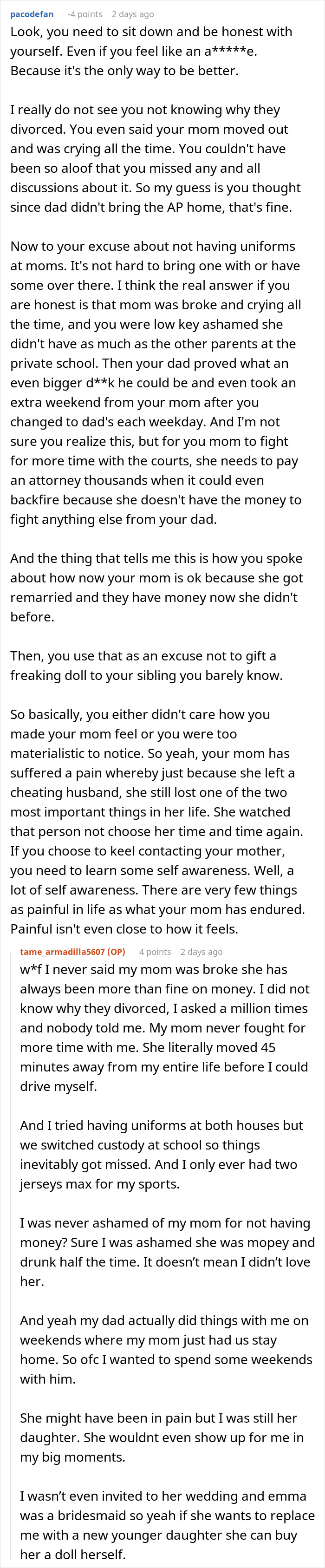 Screenshot of an online forum discussing a mom blaming her daughter for picking dad in the divorce and refusing involvement.