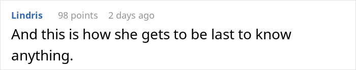 Comment text reading And this is how she gets to be last to know anything. in a plain black font on a white background.