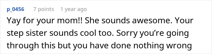 Screenshot of a supportive comment praising a teen and her stepsister amid criticism from their stepmom about spending money.